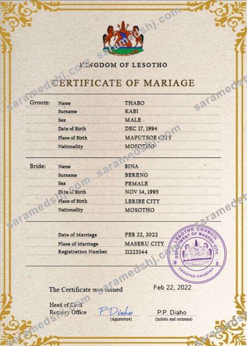 Lesotho marriage certificate PSD template